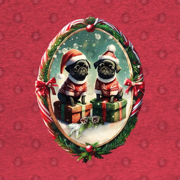 Two cute black pug puppies wearing festive Christmas sweaters and hats, sitting on gifts, in a picture frame made of red and white candy cane by WitchDesign